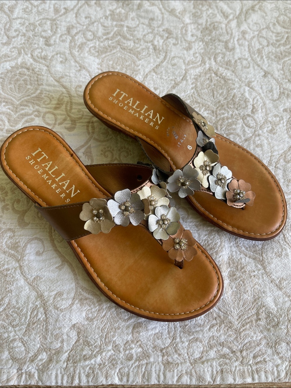 Italian Shoemakers Brown Floral Leather/ Embellished  Thong Sandals